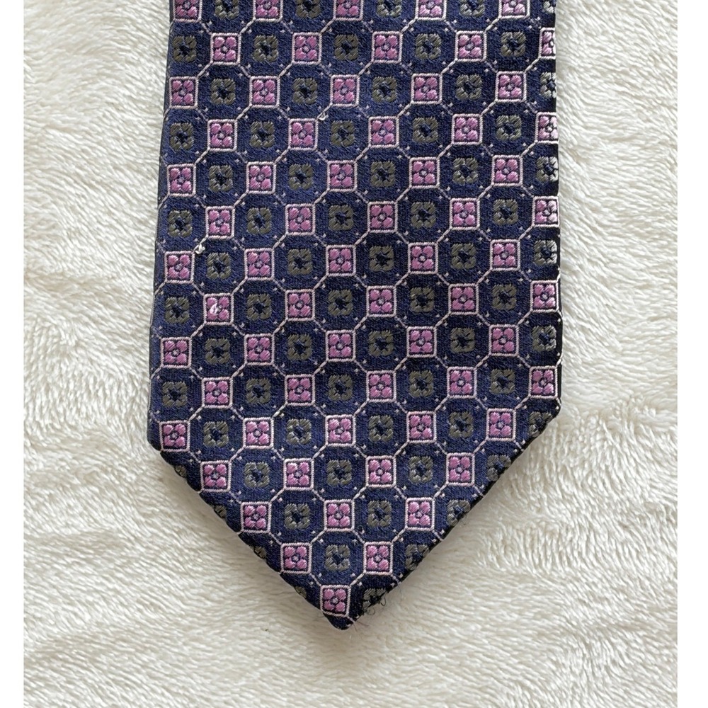 Hugo Boss Navy Purple Geometric Floral Silk Necktie Men OS Excellent